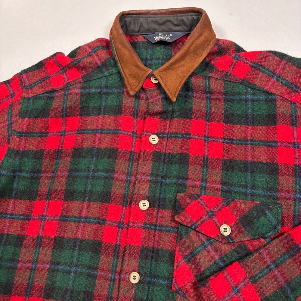 VTG Woolrich Flannel Shirt Mens L Red Green Plaid Suede Collar Elbow Patches USA